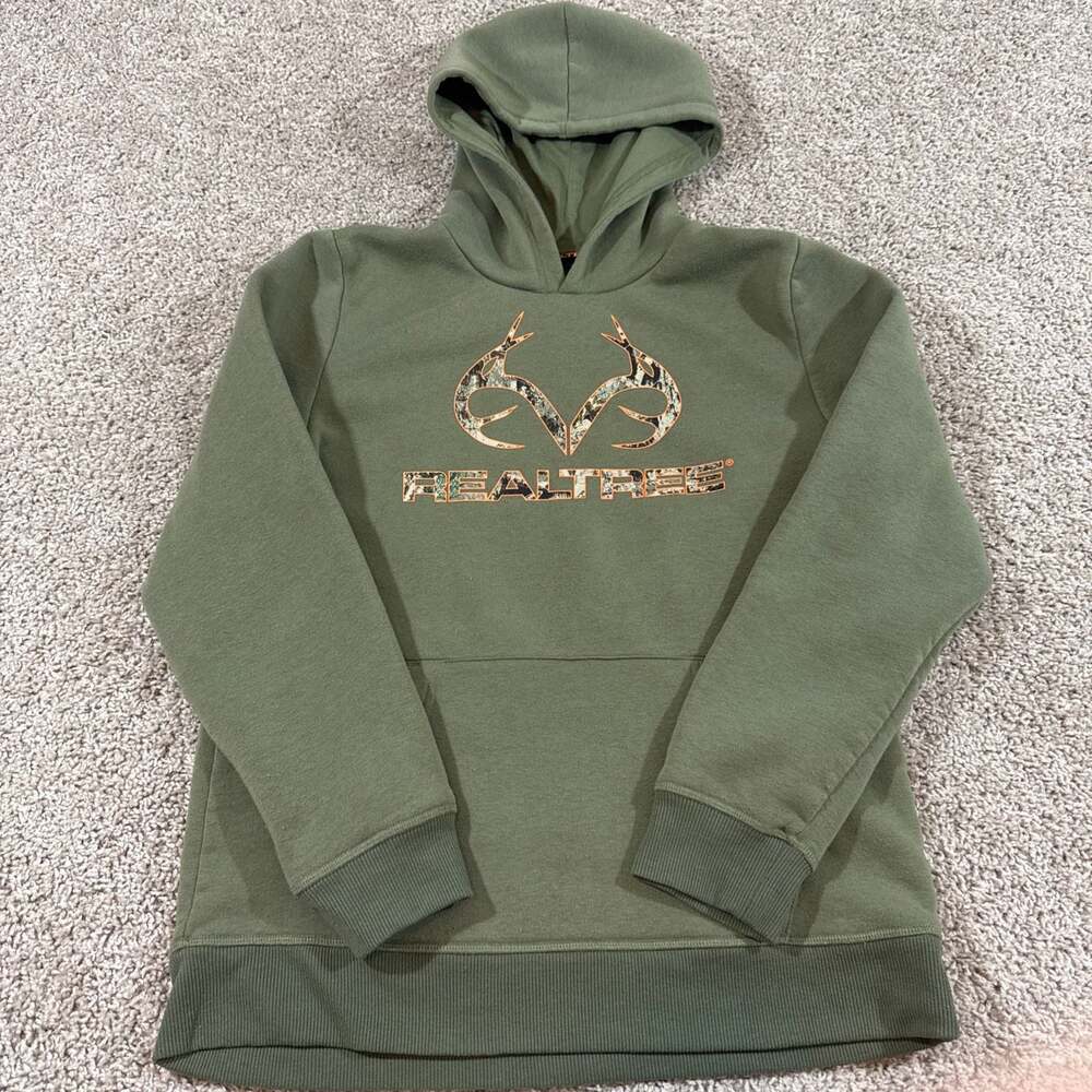 Realtree Hoodie Youth XL 18/20 Green Antler Logo Camo Graphic Fleece EUC